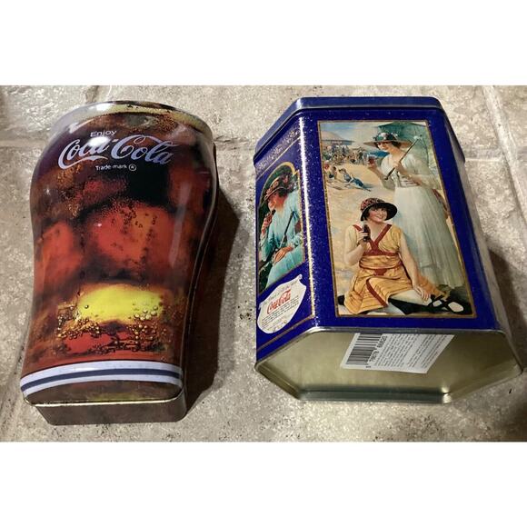 Coca Cola Empty Tins ~ The Drink Of All The Year & 1998 Coke Glass Shaped Tin - Picture 7 of 8